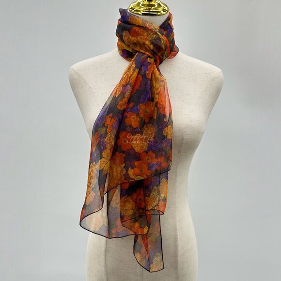 Vintage Floral Silk Scarf Made In France Sheer Lightweight Orange & Purple - Picture 2 of 5